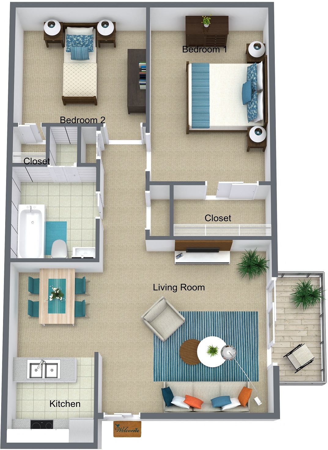 Floor plan for 2 beds, 1 bath, 700 sqft